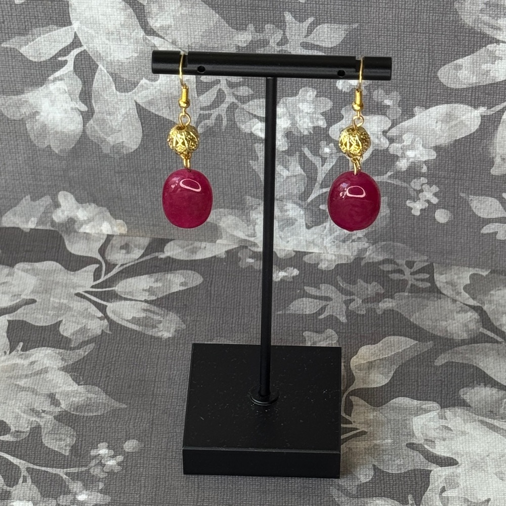 Elegant Gold Tone and and Genuine Ruby Dangle Earrings